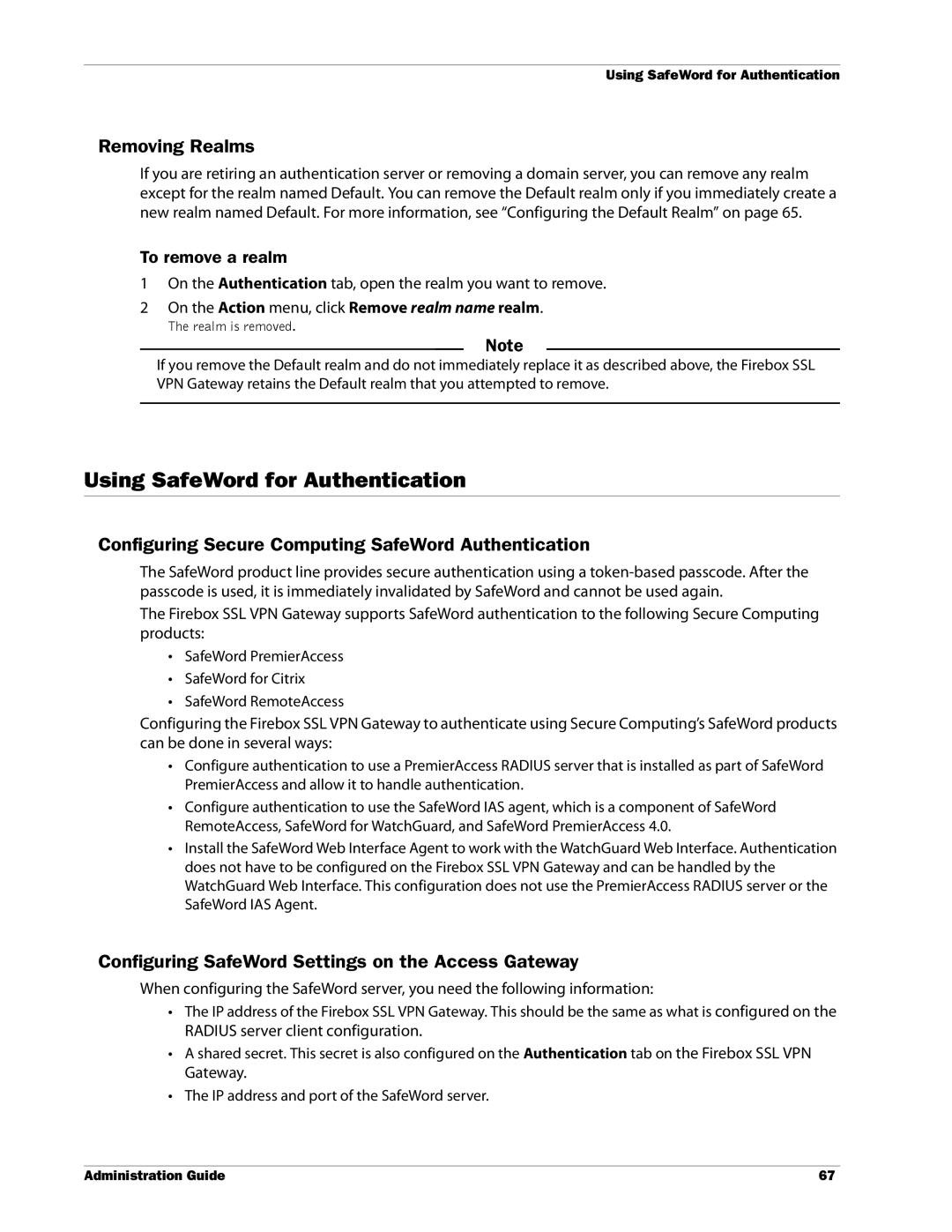 WatchGuard Technologies SSL VPN manual Using SafeWord for Authentication, Removing Realms, To remove a realm 