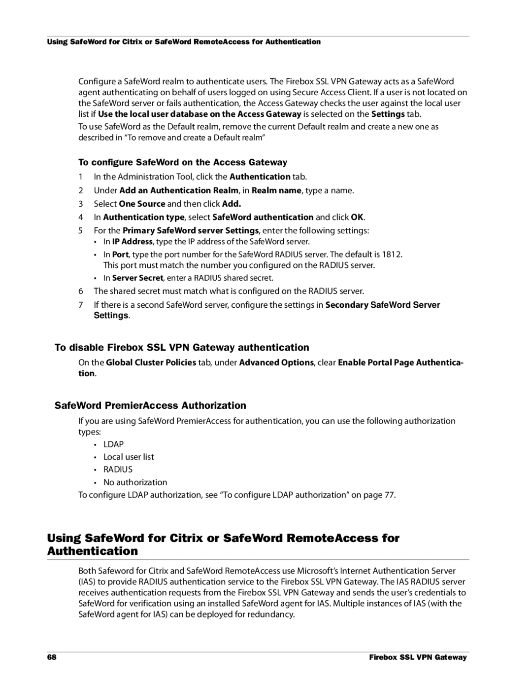 WatchGuard Technologies manual To disable Firebox SSL VPN Gateway authentication, SafeWord PremierAccess Authorization 