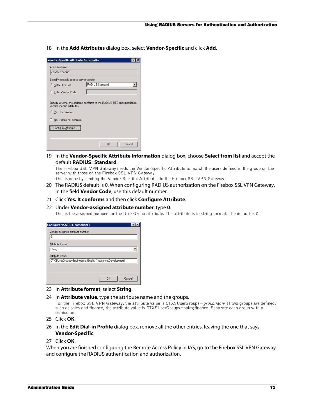 WatchGuard Technologies SSL VPN Attribute format, select String, Attribute value, type the attribute name and the groups 