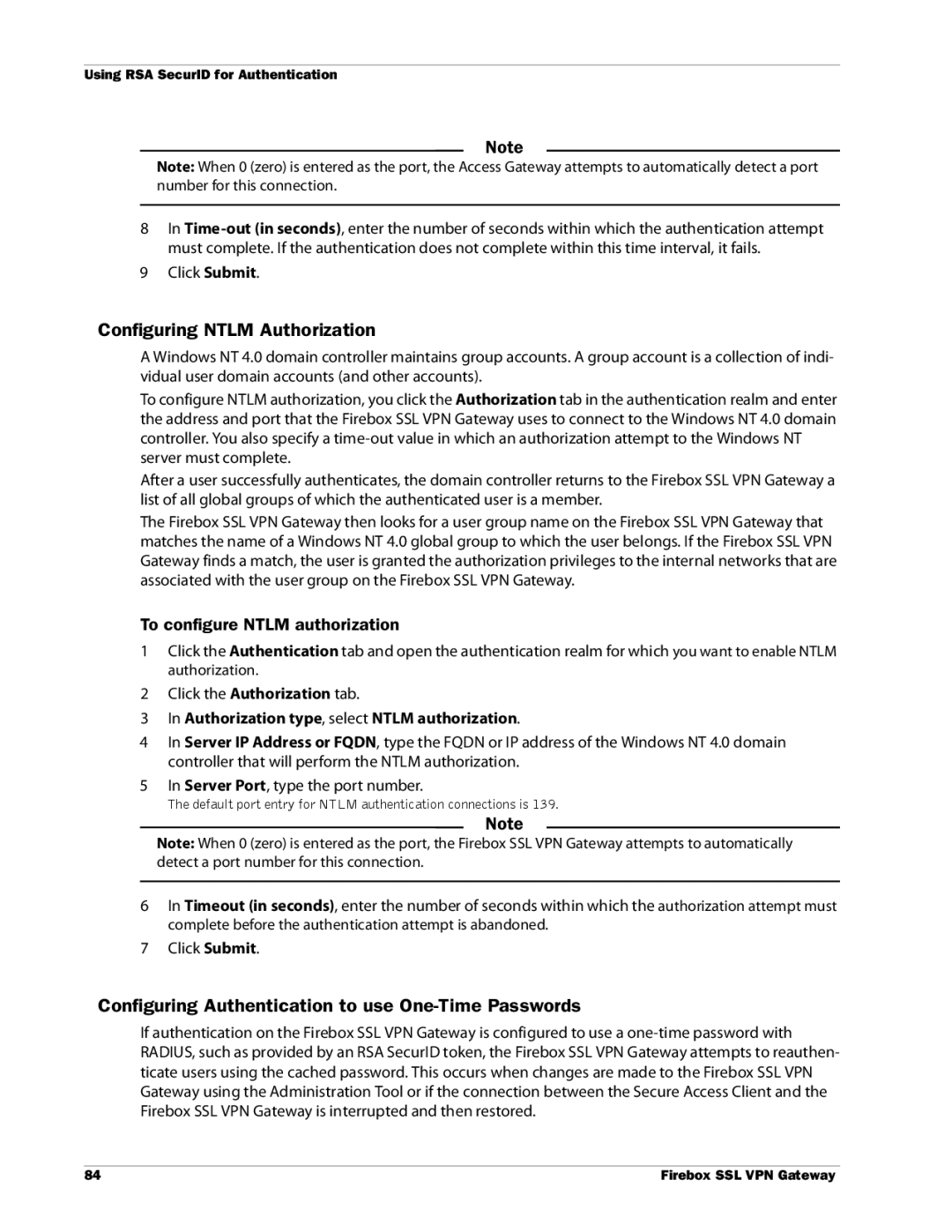 WatchGuard Technologies SSL VPN manual Configuring Ntlm Authorization, Configuring Authentication to use One-Time Passwords 