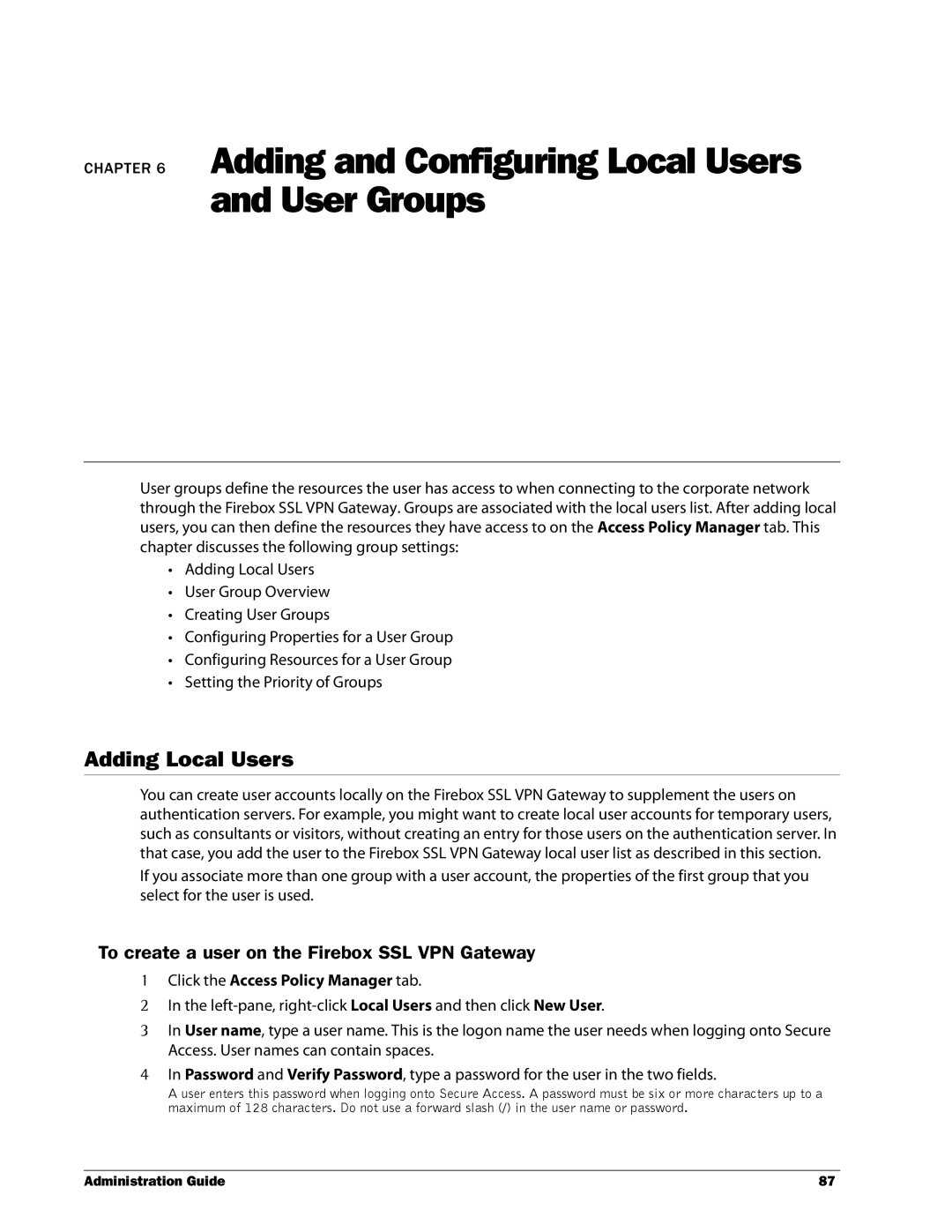 WatchGuard Technologies manual Adding Local Users, To create a user on the Firebox SSL VPN Gateway 