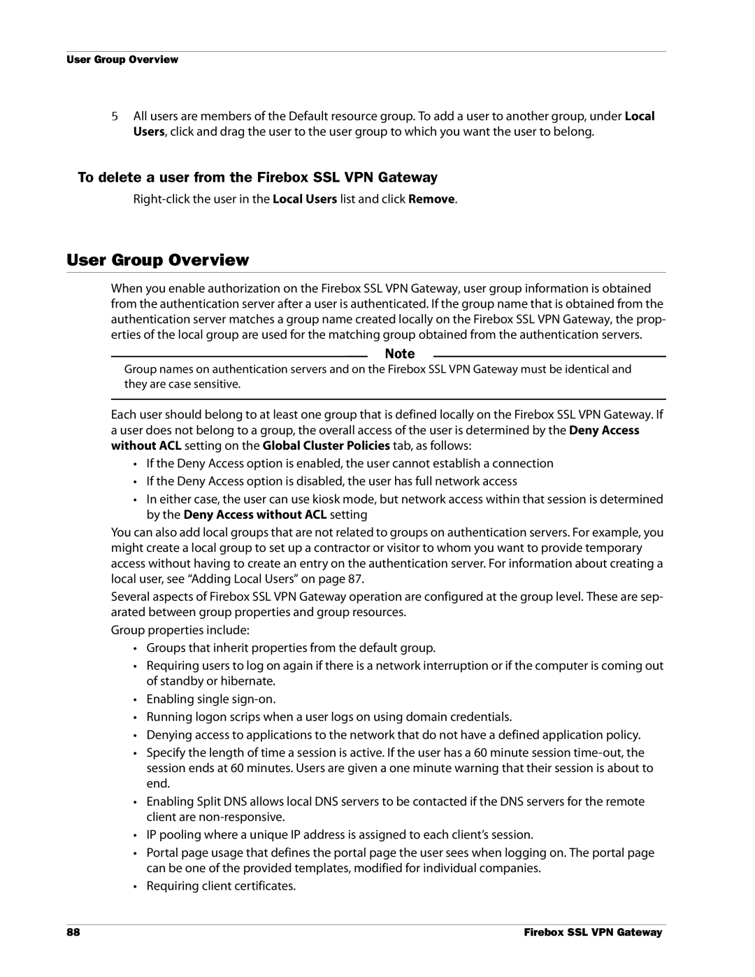 WatchGuard Technologies manual User Group Overview, To delete a user from the Firebox SSL VPN Gateway 