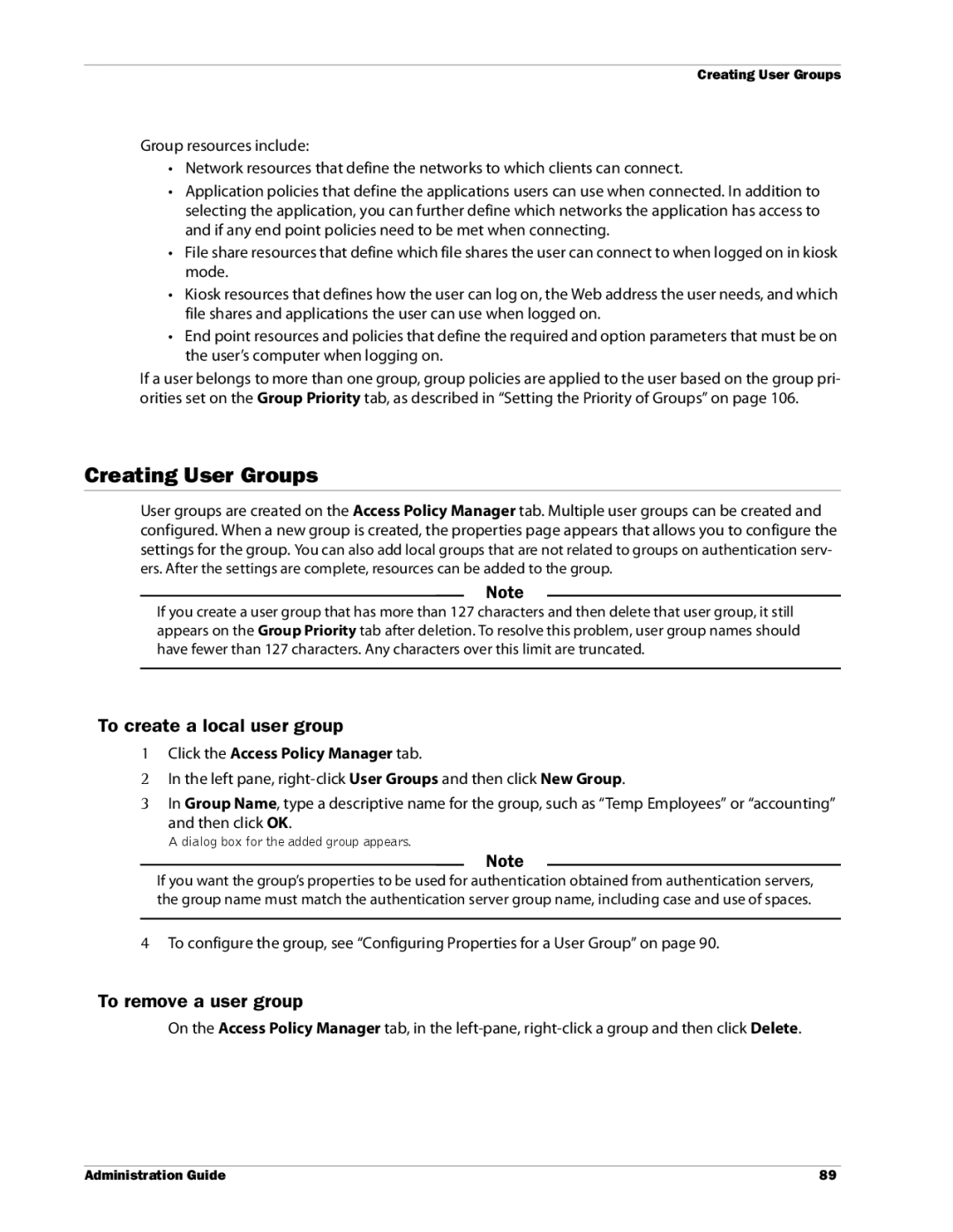 WatchGuard Technologies SSL VPN manual Creating User Groups, To create a local user group, To remove a user group 