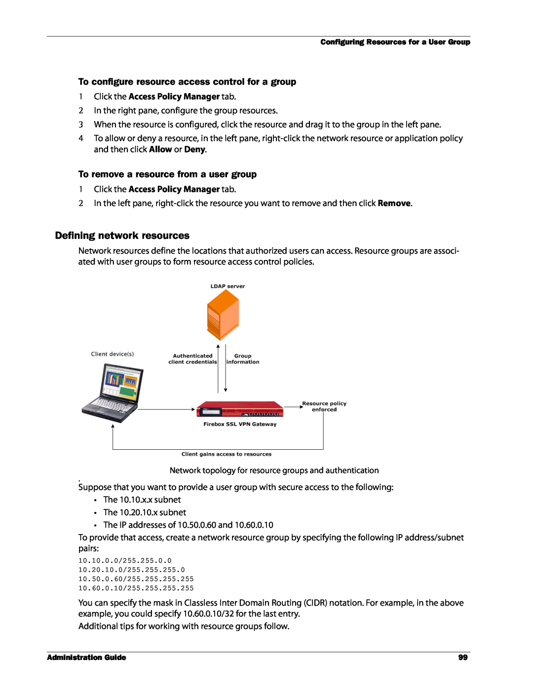 WatchGuard Technologies SSL VPN manual Defining network resources, To configure resource access control for a group 