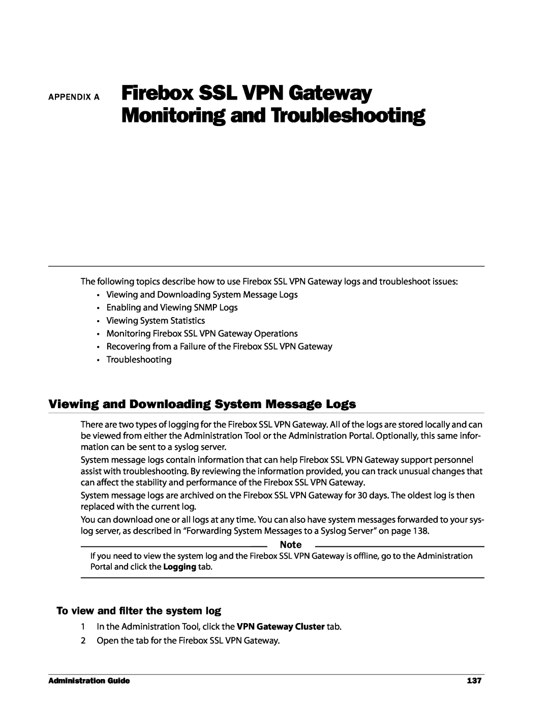 WatchGuard Technologies manual APPENDIX A Firebox SSL VPN Gateway, Monitoring and Troubleshooting 