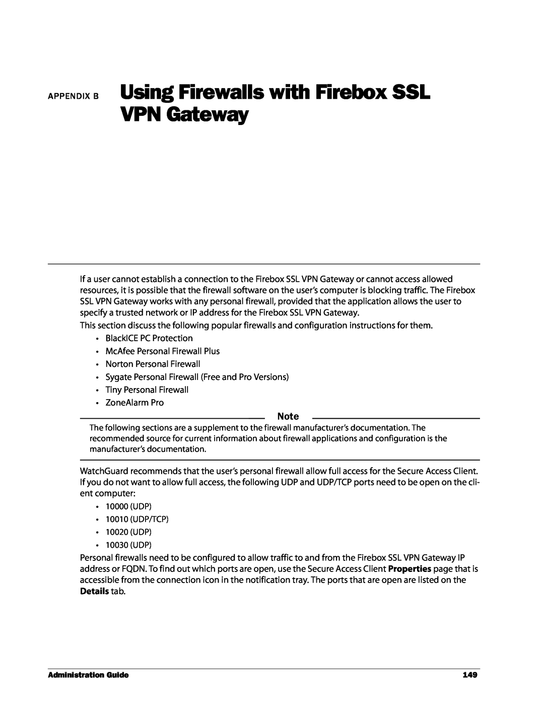 WatchGuard Technologies SSL VPN manual APPENDIX B Using Firewalls with Firebox SSL, VPN Gateway 
