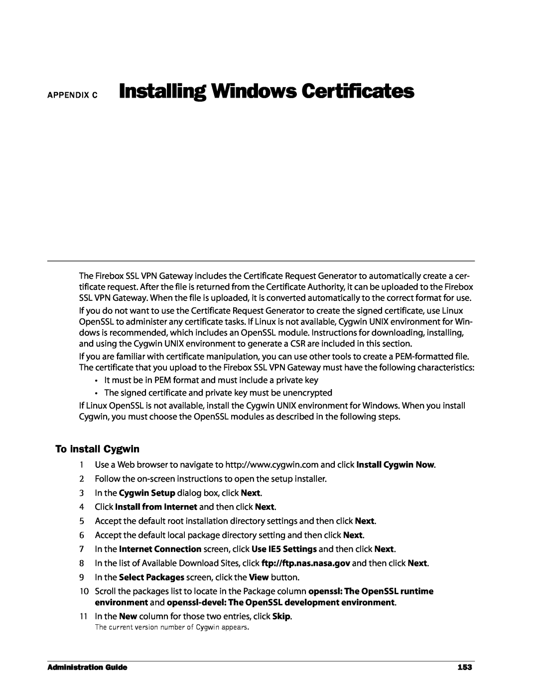 WatchGuard Technologies SSL VPN manual APPENDIX C Installing Windows Certificates, To install Cygwin 