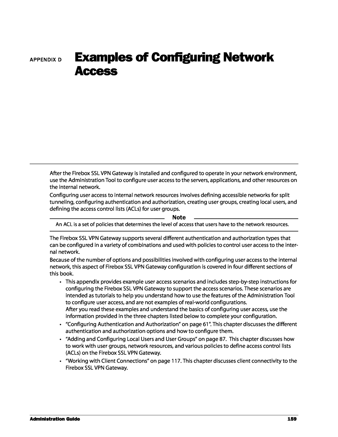 WatchGuard Technologies SSL VPN manual APPENDIX D Examples of Configuring Network Access, Administration Guide 