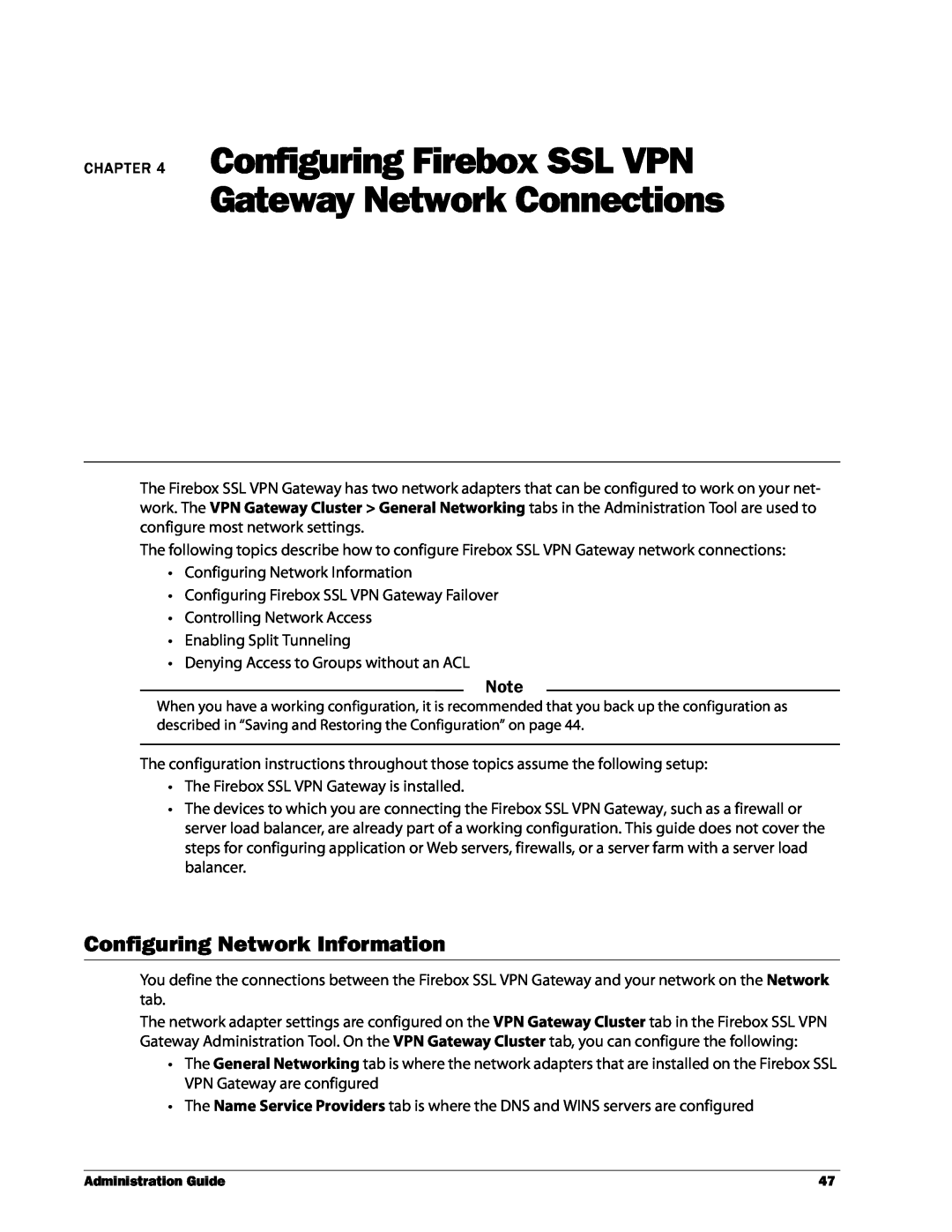 WatchGuard Technologies manual Configuring Firebox SSL VPN, Gateway Network Connections, Configuring Network Information 