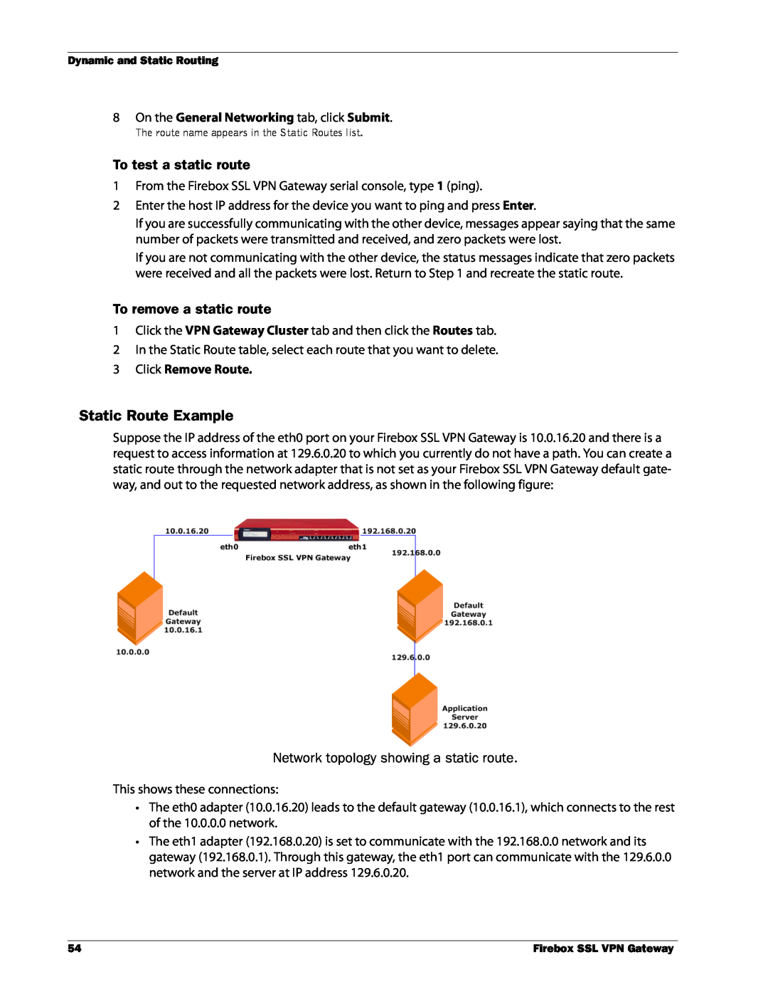 WatchGuard Technologies SSL VPN manual Static Route Example, To test a static route, To remove a static route 