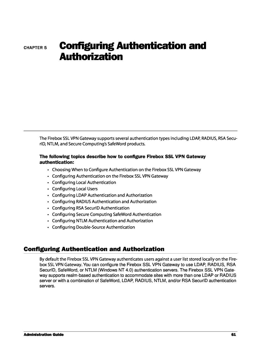 WatchGuard Technologies SSL VPN manual Configuring Authentication and, Authorization 