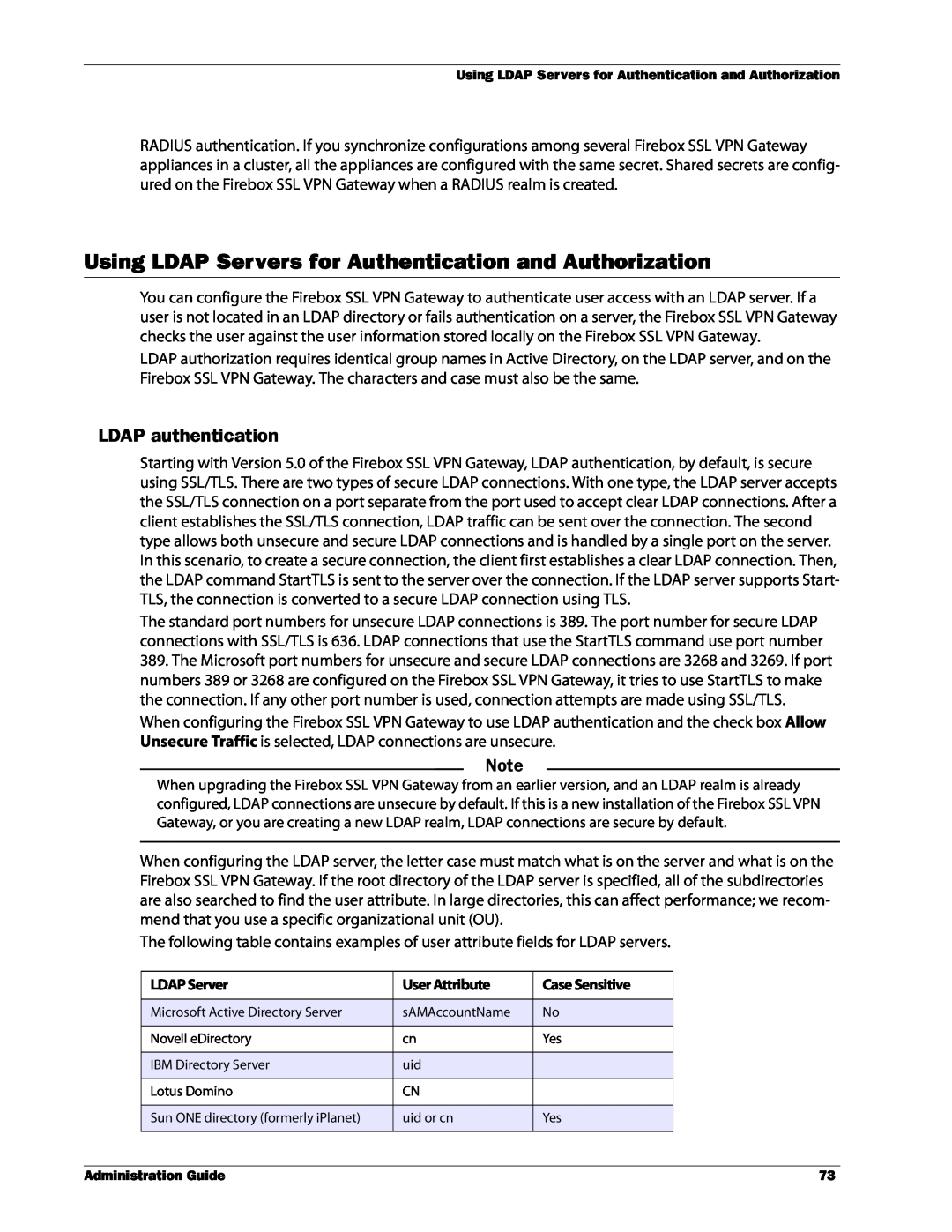 WatchGuard Technologies SSL VPN manual LDAP authentication, LDAP Server, User Attribute, Case Sensitive 