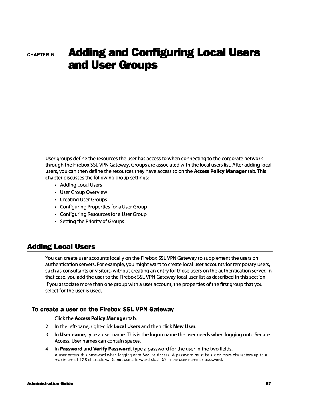 WatchGuard Technologies manual Adding Local Users, To create a user on the Firebox SSL VPN Gateway 