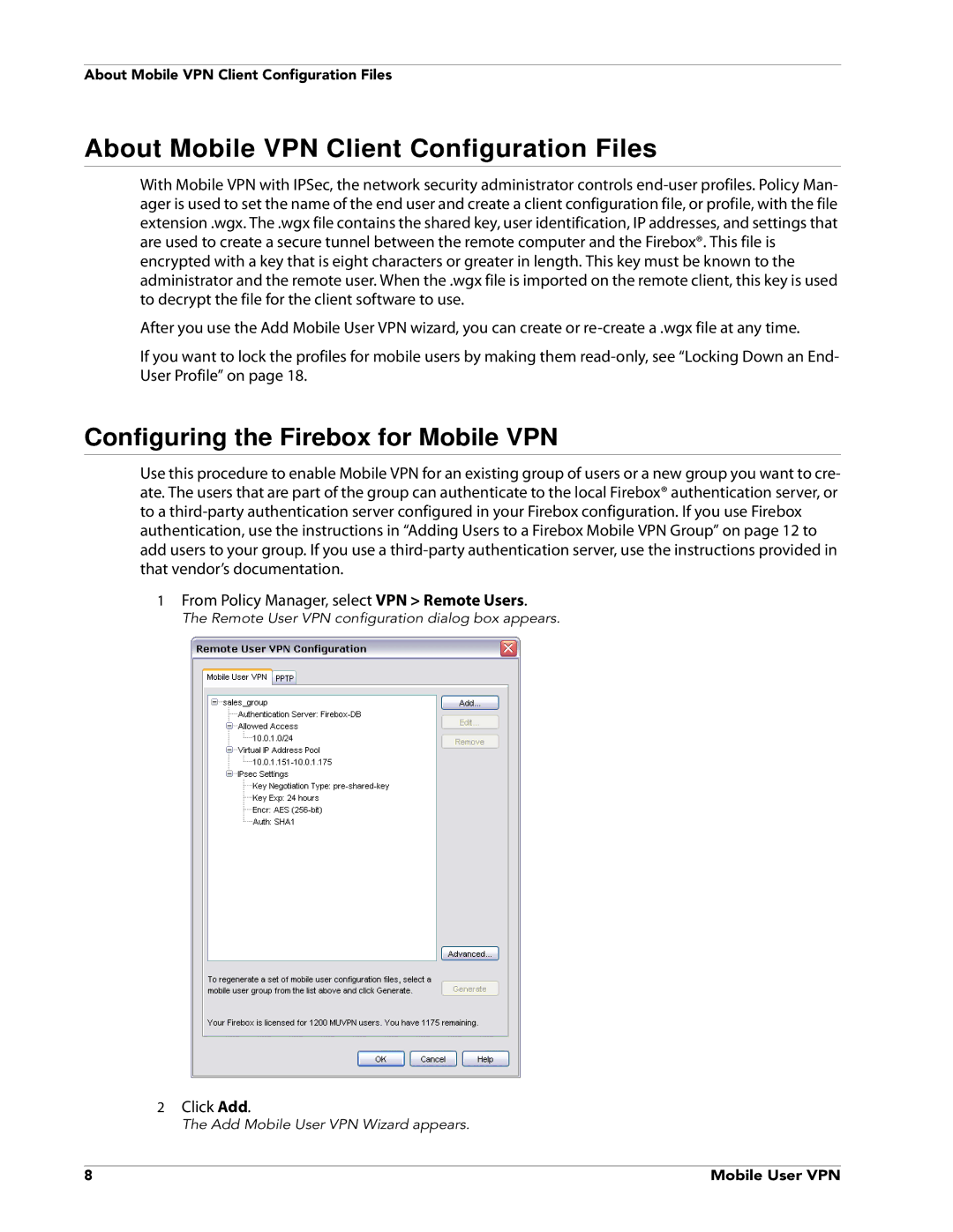 WatchGuard Technologies V10.0 manual About Mobile VPN Client Configuration Files, Configuring the Firebox for Mobile VPN 