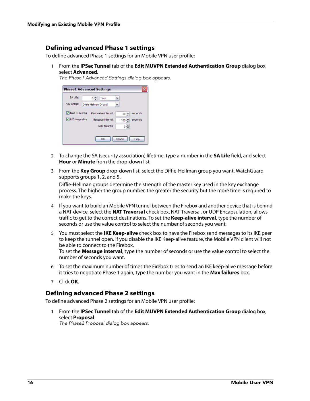 WatchGuard Technologies V10.0 manual Defining advanced Phase 1 settings 