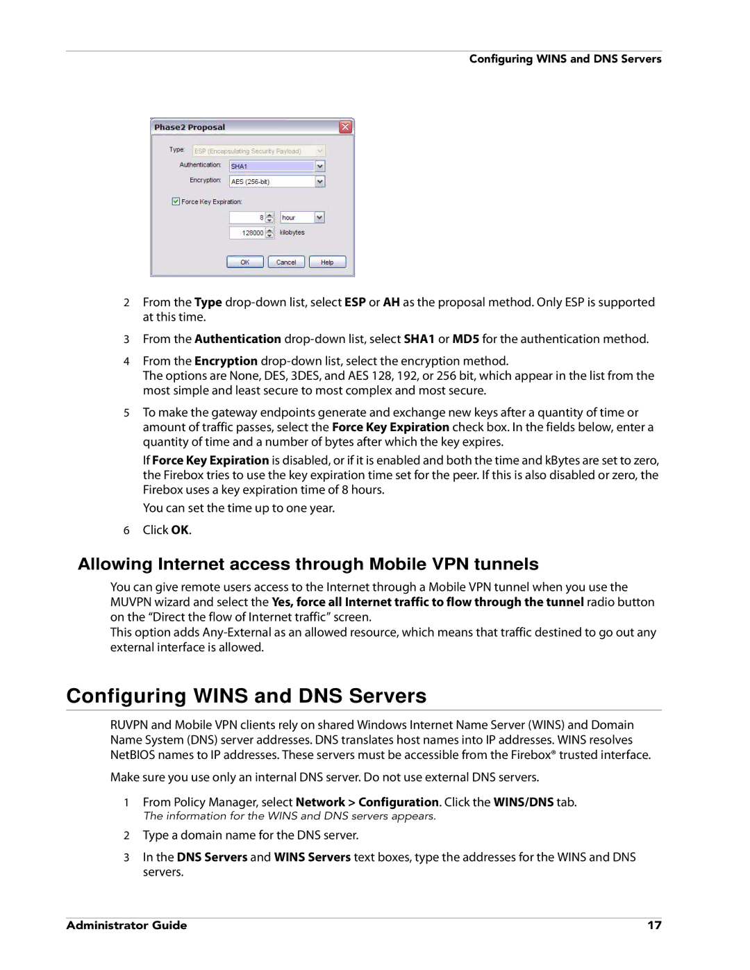 WatchGuard Technologies V10.0 manual Configuring Wins and DNS Servers, Allowing Internet access through Mobile VPN tunnels 