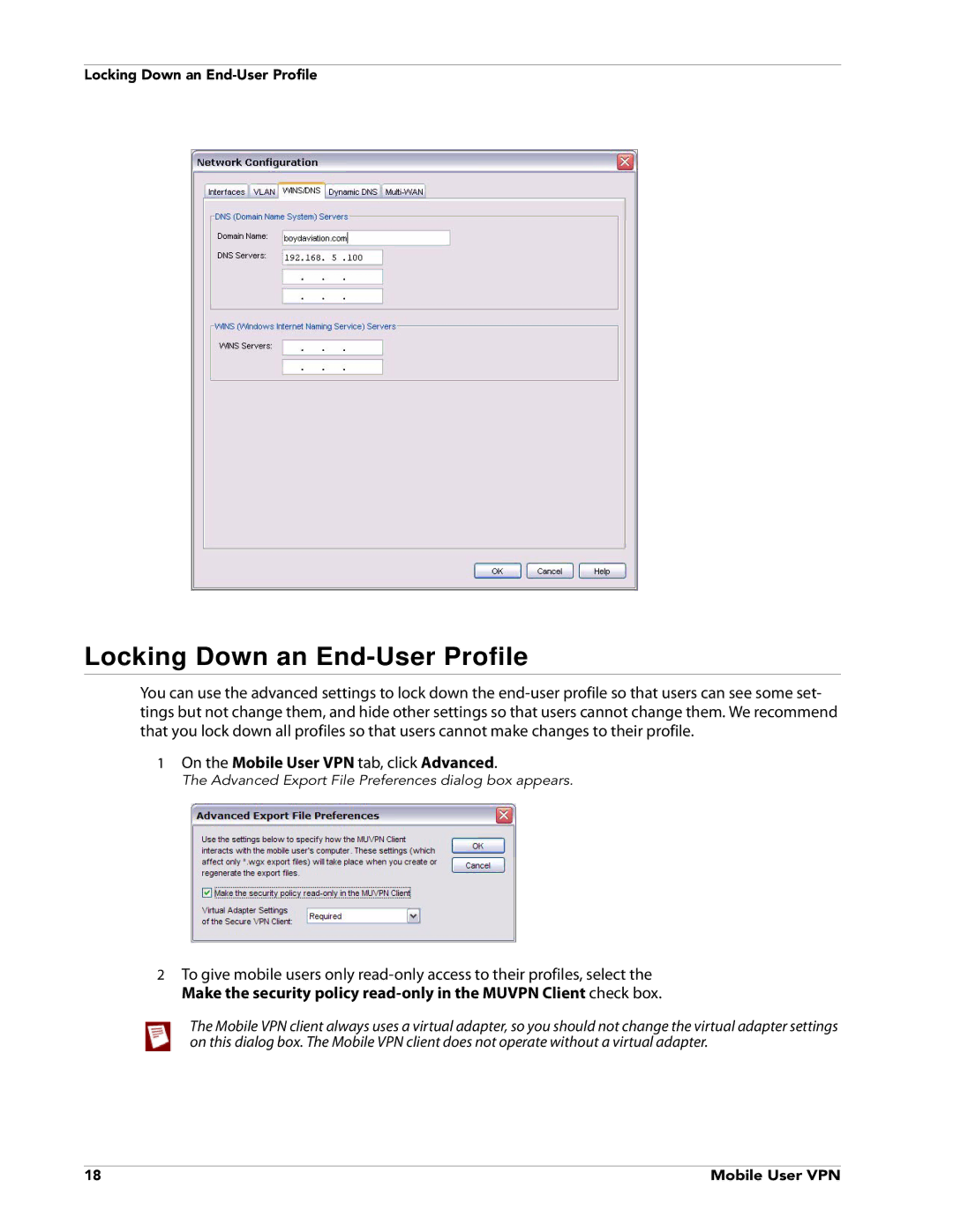 WatchGuard Technologies V10.0 manual Locking Down an End-User Profile, On the Mobile User VPN tab, click Advanced 