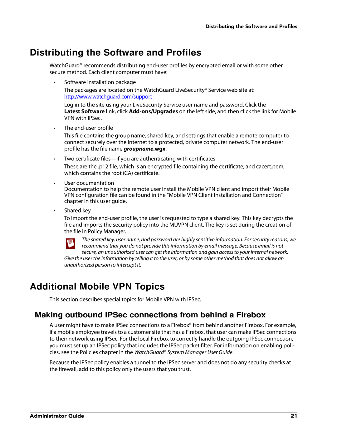 WatchGuard Technologies V10.0 manual Additional Mobile VPN Topics, Making outbound IPSec connections from behind a Firebox 