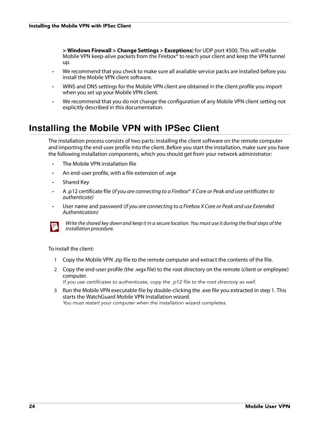 WatchGuard Technologies V10.0 manual Installing the Mobile VPN with IPSec Client 