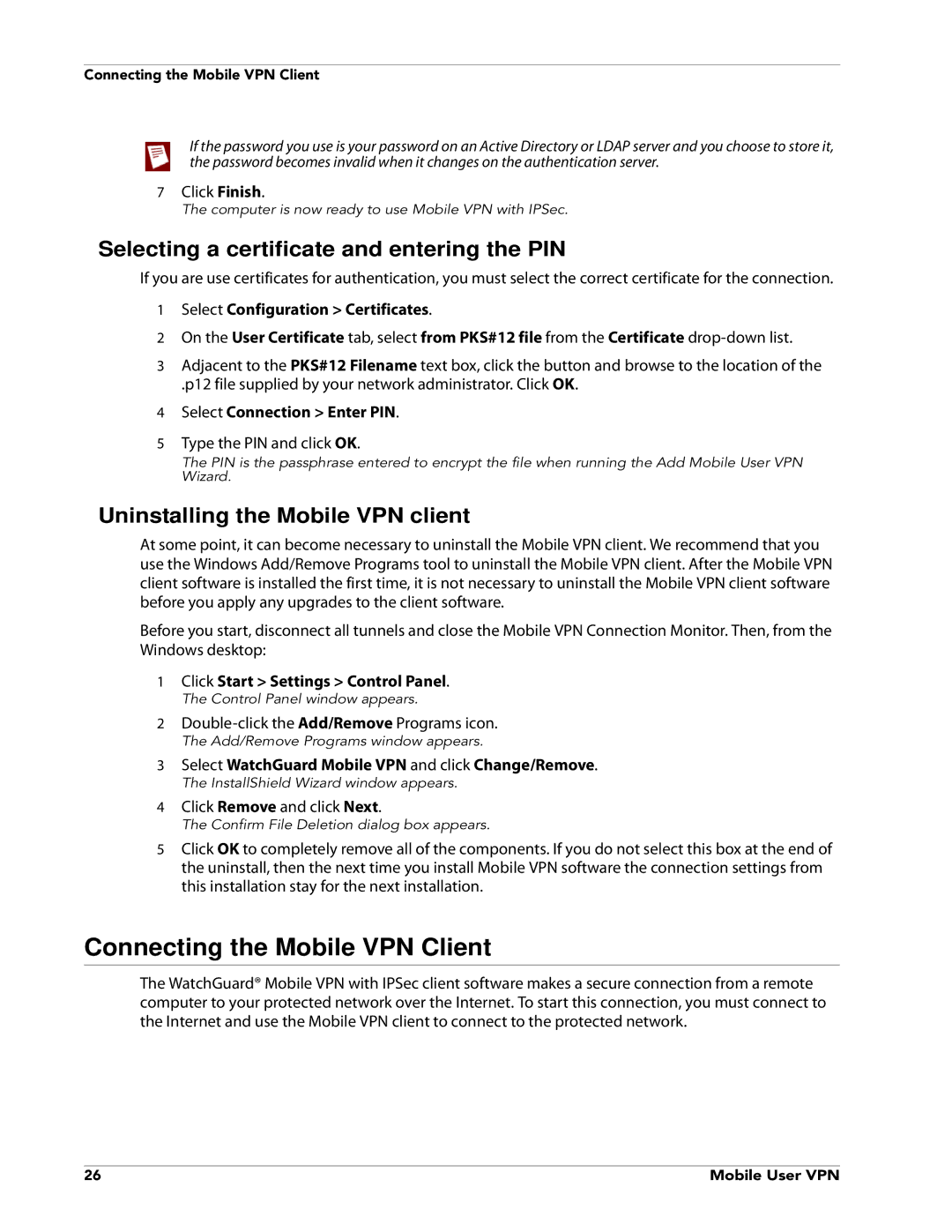 WatchGuard Technologies V10.0 manual Connecting the Mobile VPN Client, Selecting a certificate and entering the PIN 
