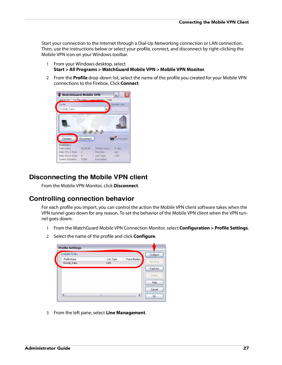 WatchGuard Technologies V10.0 manual Disconnecting the Mobile VPN client, Controlling connection behavior 