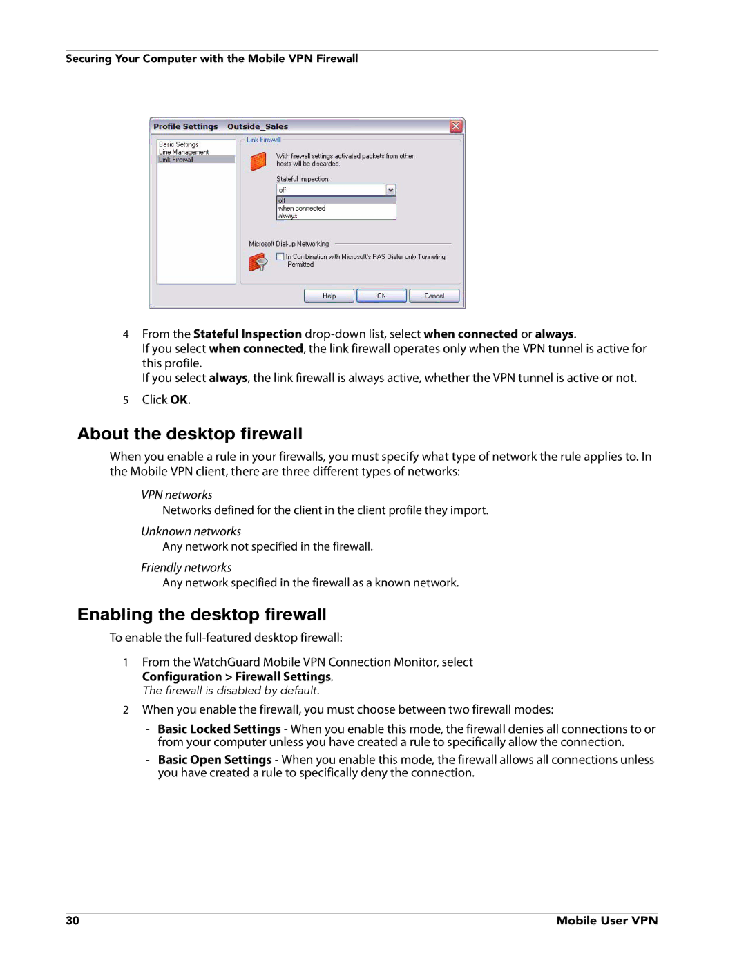 WatchGuard Technologies V10.0 About the desktop firewall, Enabling the desktop firewall, Configuration Firewall Settings 