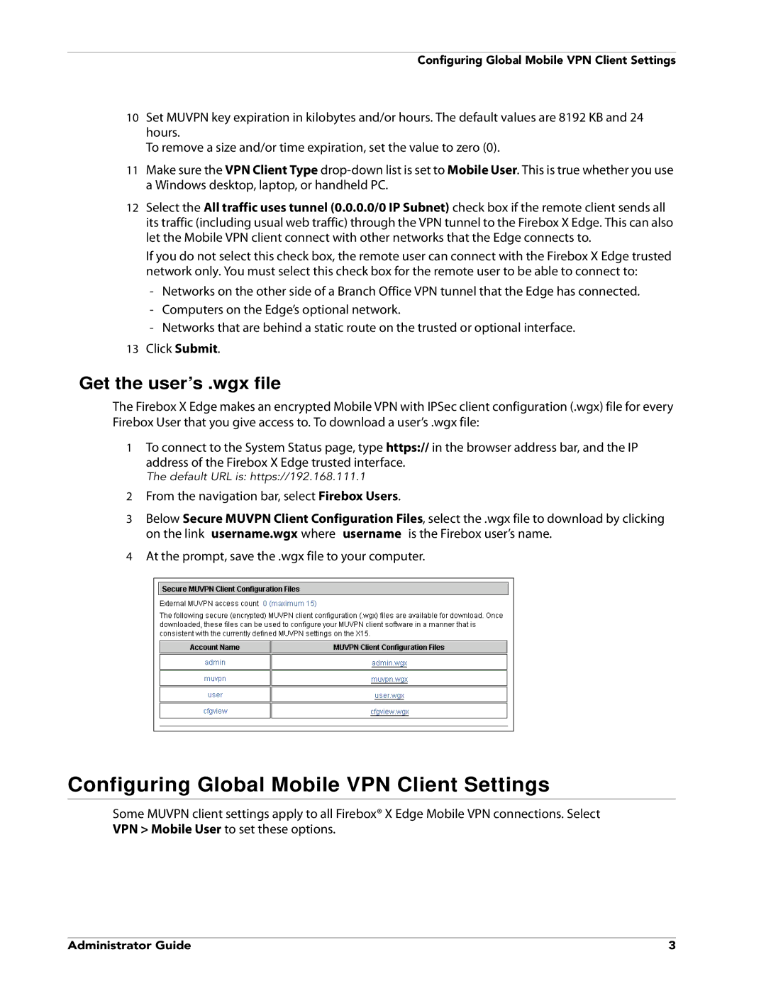 WatchGuard Technologies V10.0 manual Configuring Global Mobile VPN Client Settings, Get the user’s .wgx file 