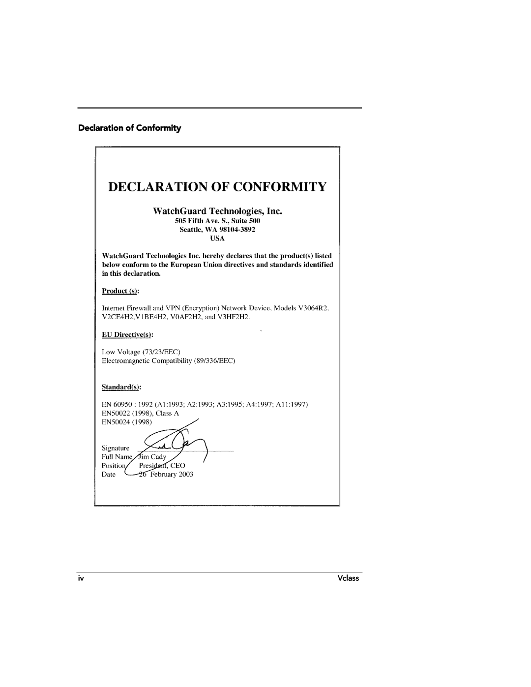 WatchGuard Technologies V80, V60L, V100 manual Declaration of Conformity, Vclass 