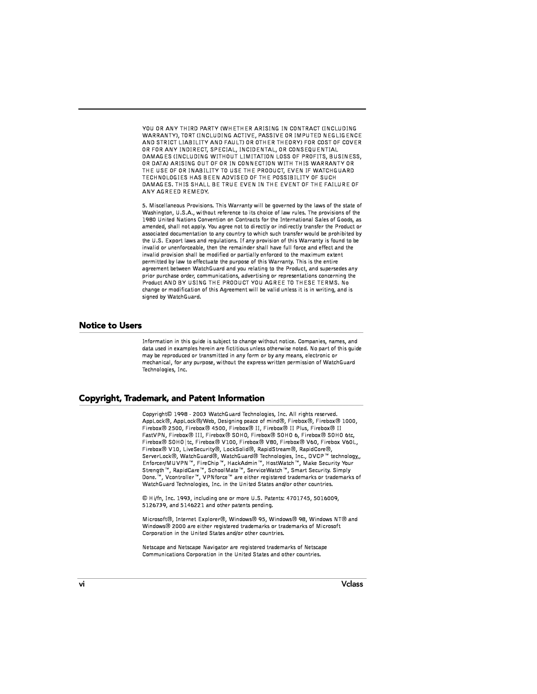 WatchGuard Technologies V60L, V80, V100 manual Notice to Users, Copyright, Trademark, and Patent Information, Vclass 