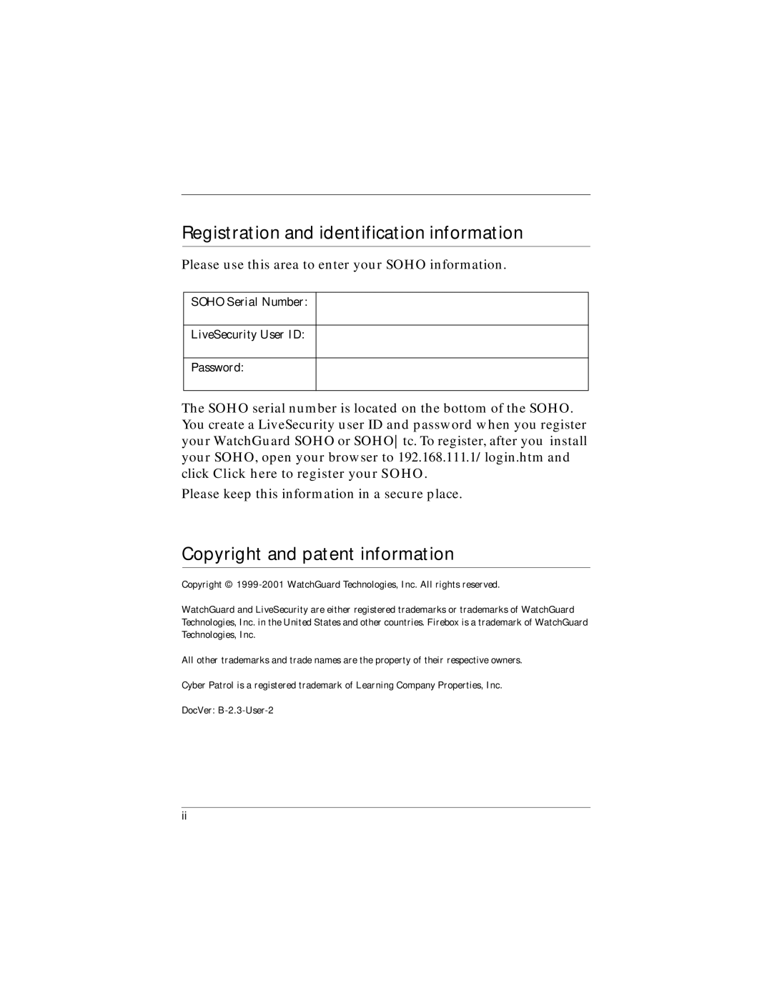 WatchGuard Technologies WatchGuard SOHO and SOHO | tc manual Registration and identification information 