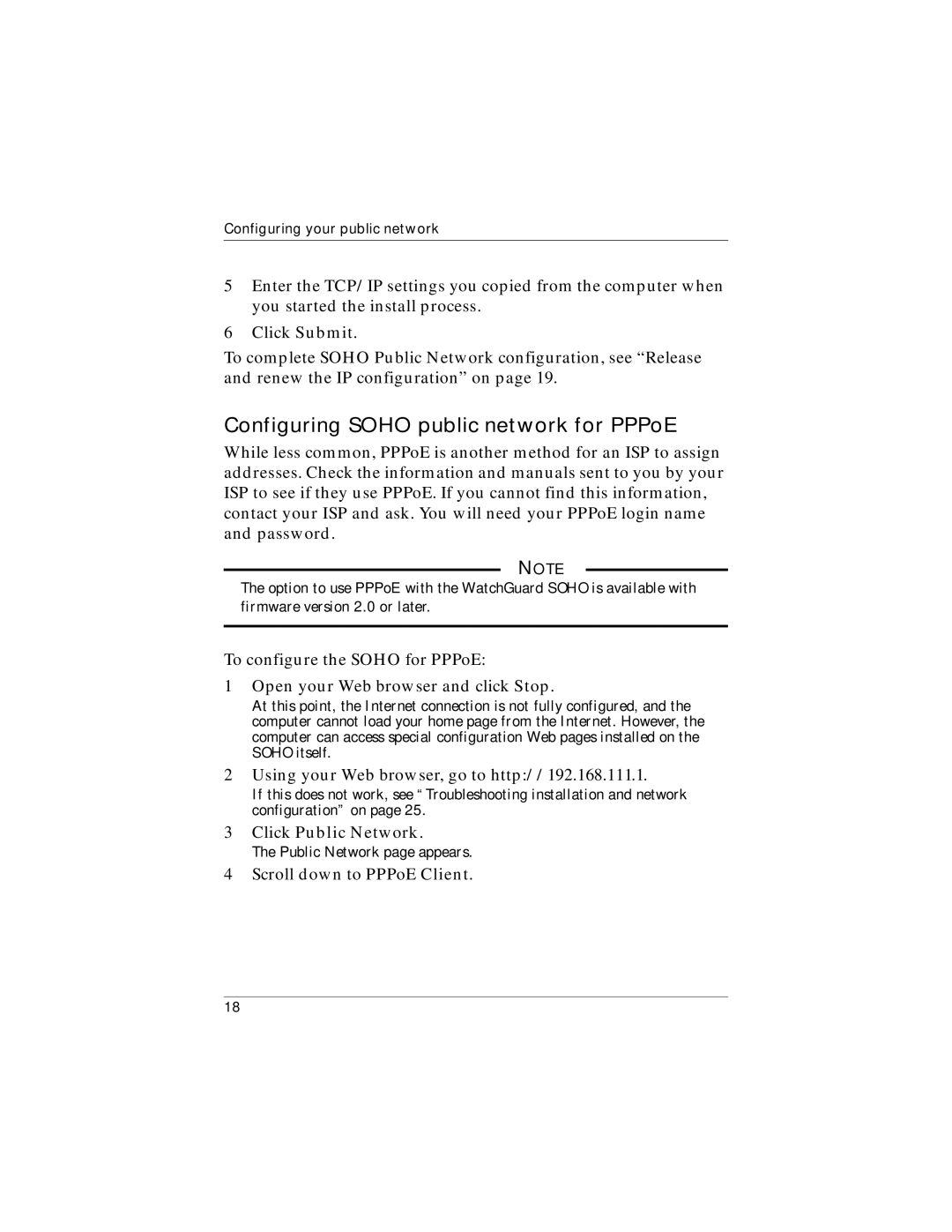 WatchGuard Technologies WatchGuard SOHO and SOHO | tc manual Configuring Soho public network for PPPoE 