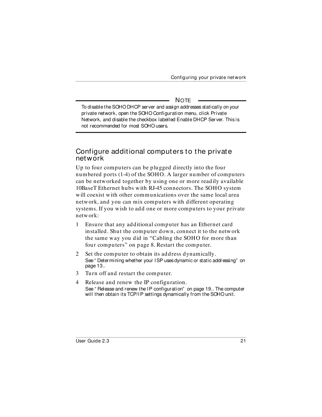 WatchGuard Technologies WatchGuard SOHO and SOHO | tc manual Configure additional computers to the private network 