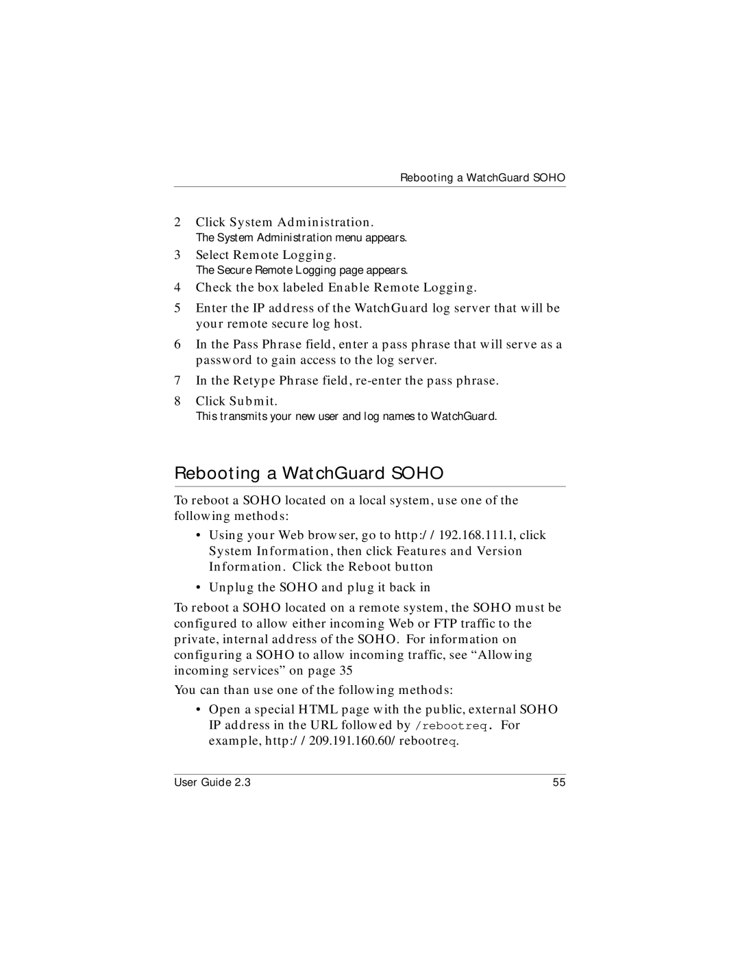 WatchGuard Technologies WatchGuard SOHO and SOHO | tc manual Rebooting a WatchGuard Soho, Click System Administration 