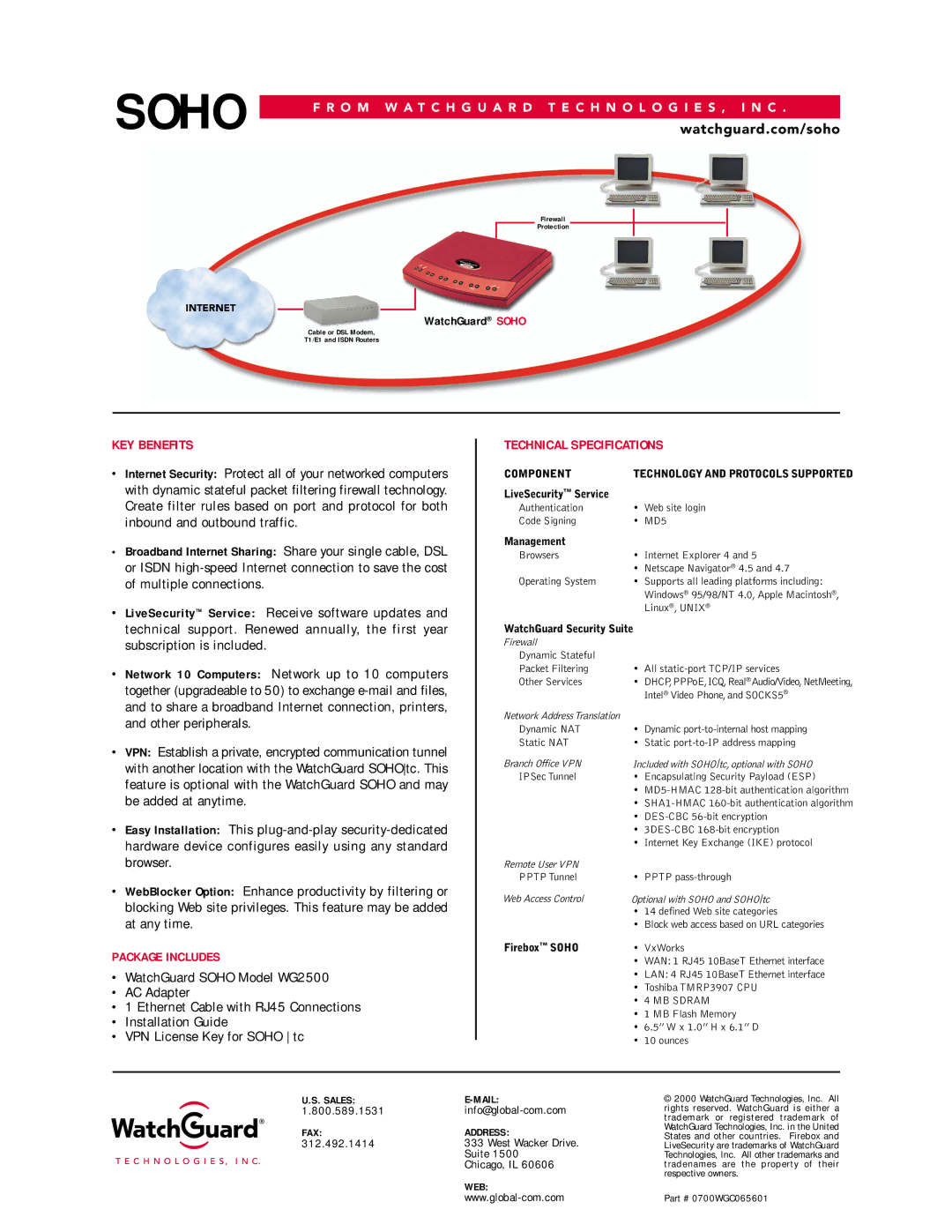 WatchGuard Technologies WG2500 manual KEY Benefits, Technical Specifications 