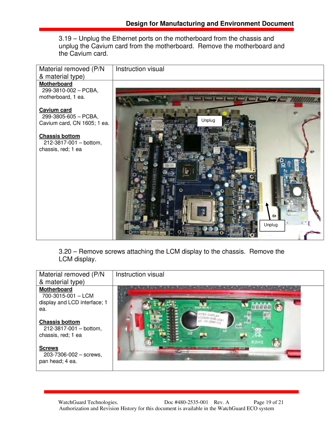 WatchGuard Technologies XTM 5 Series manual Motherboard700-3015-001 LCM 