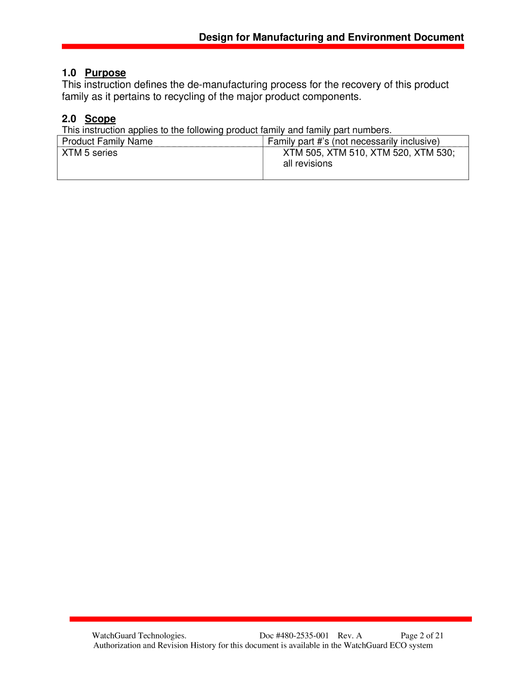 WatchGuard Technologies XTM 5 Series manual Design for Manufacturing and Environment Document Purpose 