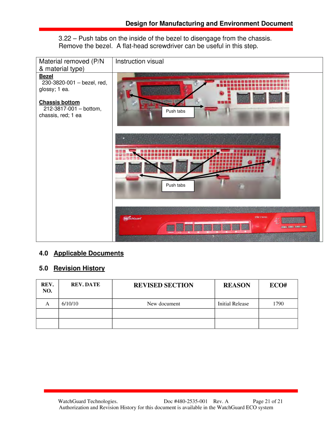 WatchGuard Technologies XTM 5 Series manual Applicable Documents Revision History 