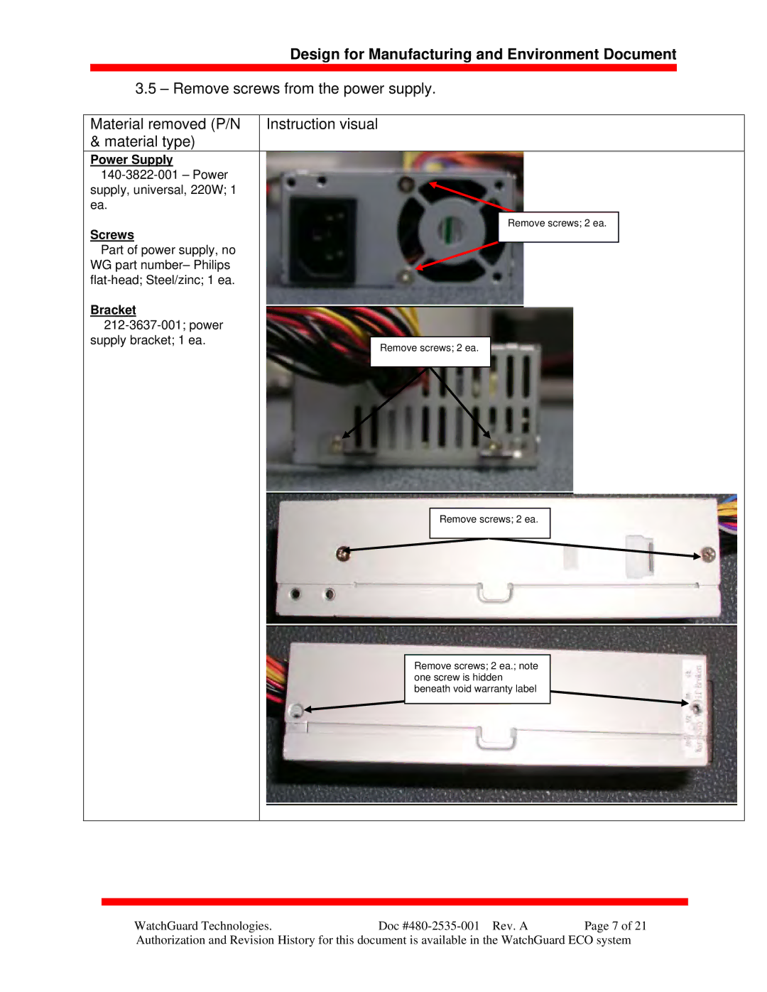 WatchGuard Technologies XTM 5 Series manual Power Supply140-3822-001 Power 