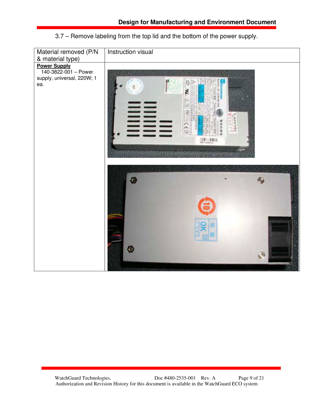 WatchGuard Technologies XTM 5 Series manual Design for Manufacturing and Environment Document 