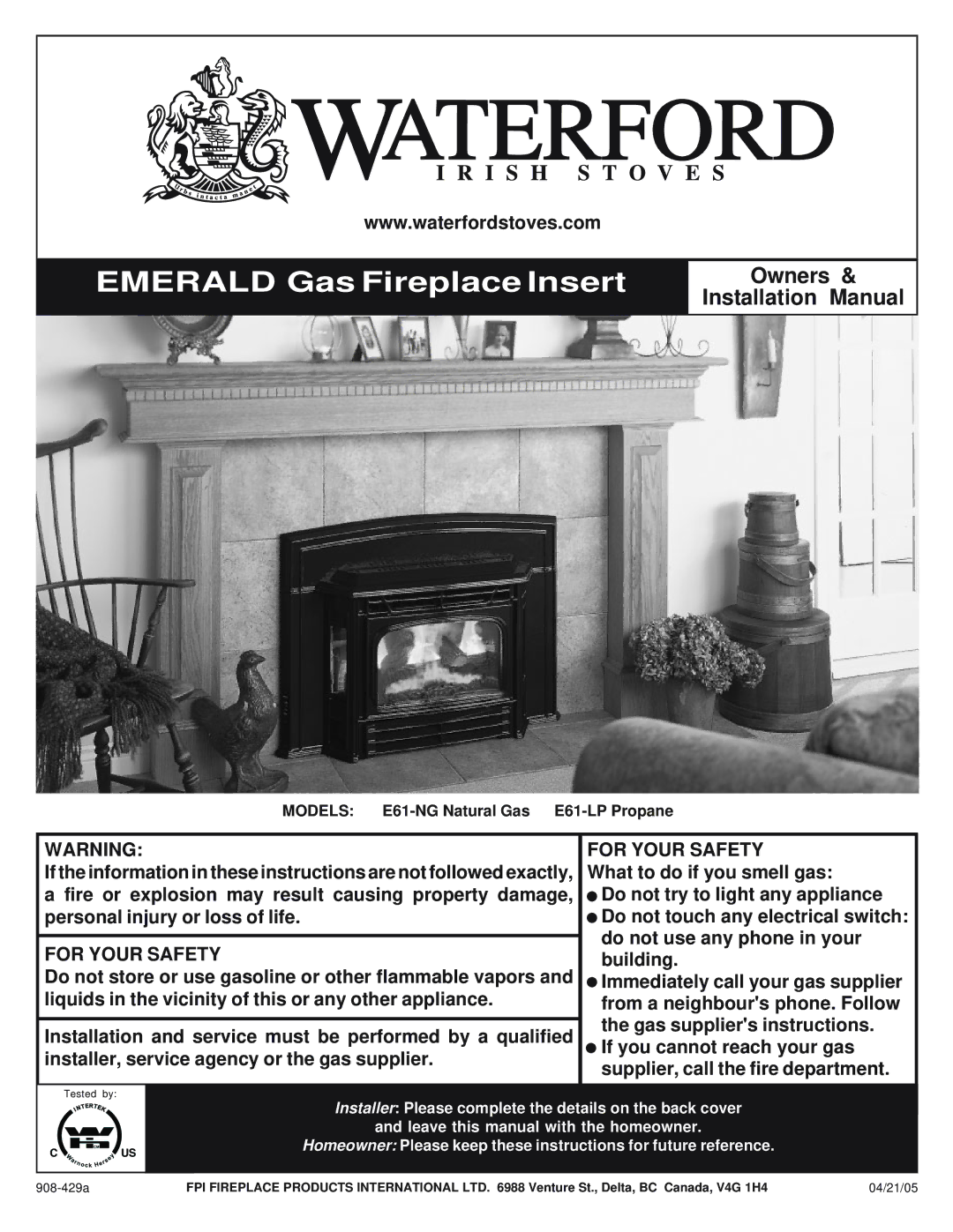 Waterford Appliances installation manual Emerald Gas Fireplace Insert, Models E61-NG Natural Gas E61-LP Propane 