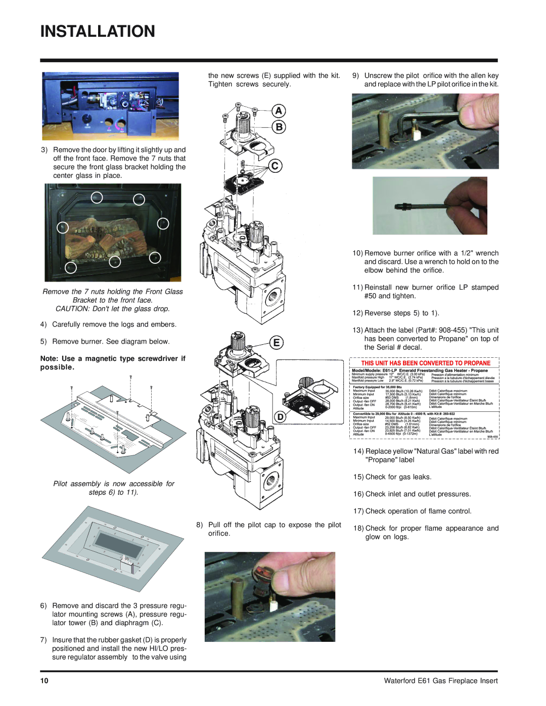 Waterford Appliances E61-NG, E61-LP installation manual New screws E supplied with the kit. Tighten screws securely 