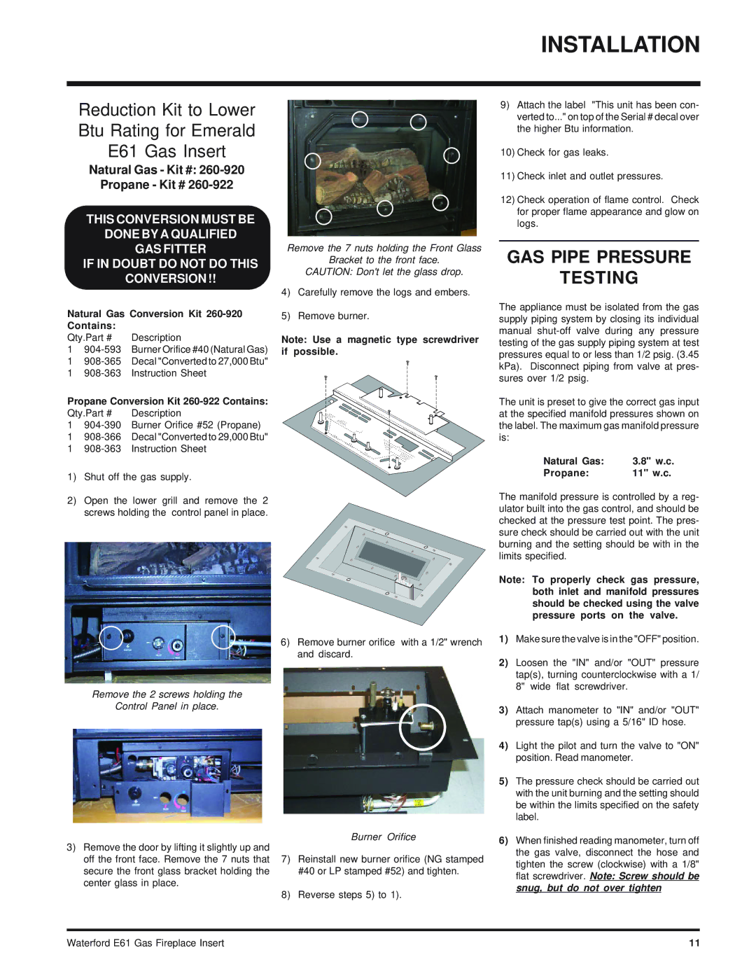 Waterford Appliances E61-LP, E61-NG installation manual GAS Pipe Pressure Testing, Natural Gas Kit # Propane Kit # 