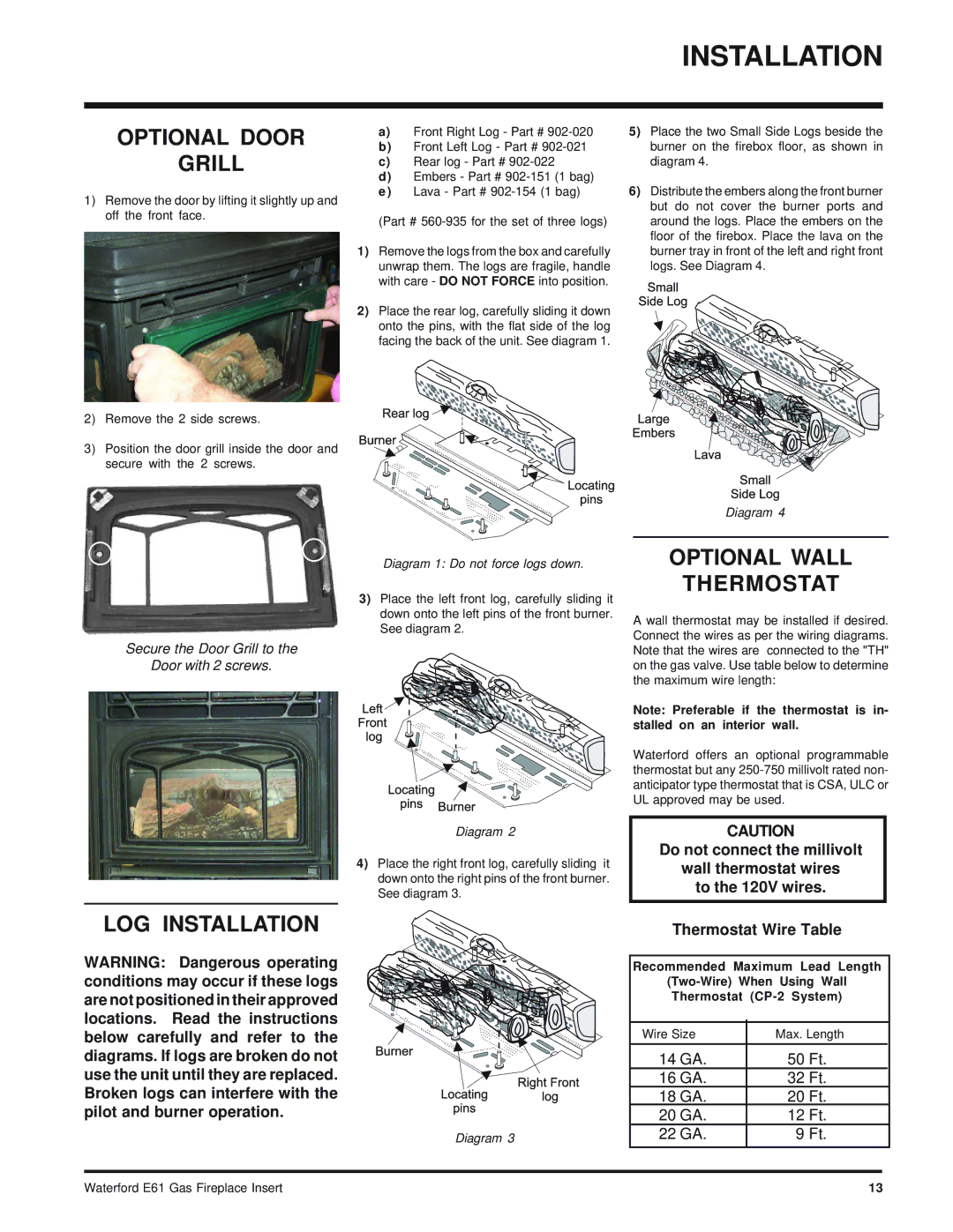 Waterford Appliances E61-LP, E61-NG Optional Door Grill, LOG Installation, Optional Wall Thermostat, Diagram 