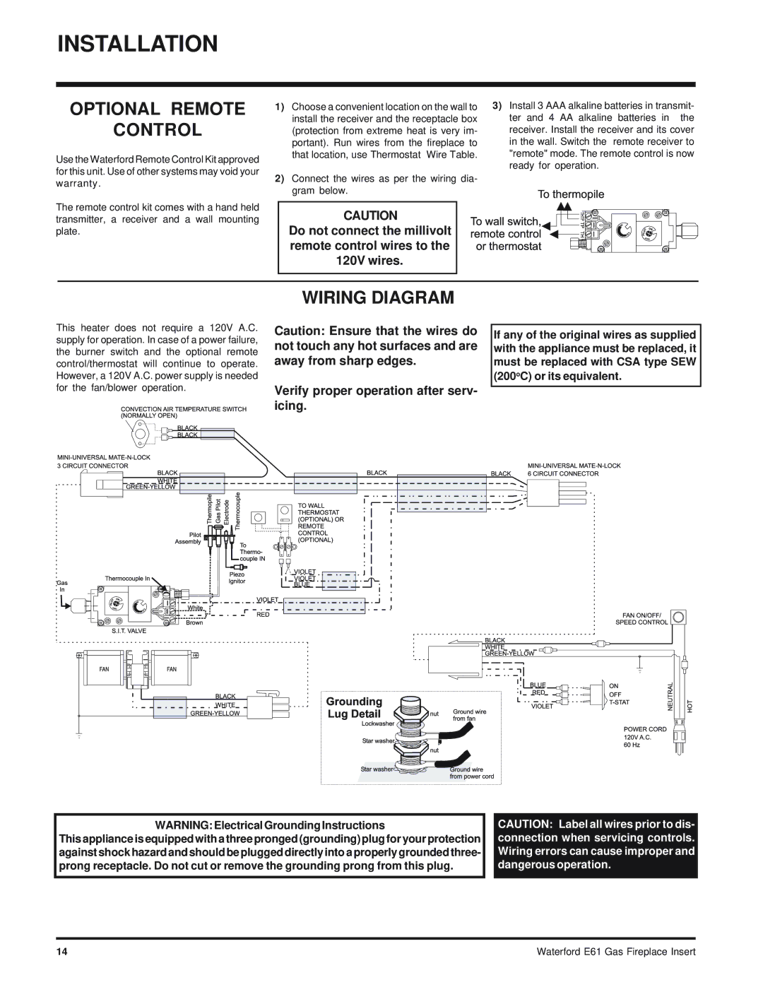 Waterford Appliances E61-NG, E61-LP Optional Remote Control, Wiring Diagram, Verify proper operation after serv- icing 