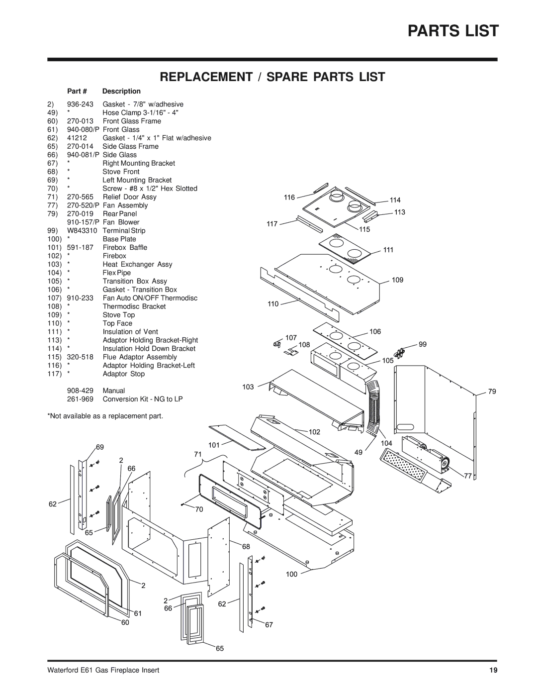 Waterford Appliances E61-LP, E61-NG installation manual Replacement / Spare Parts List 