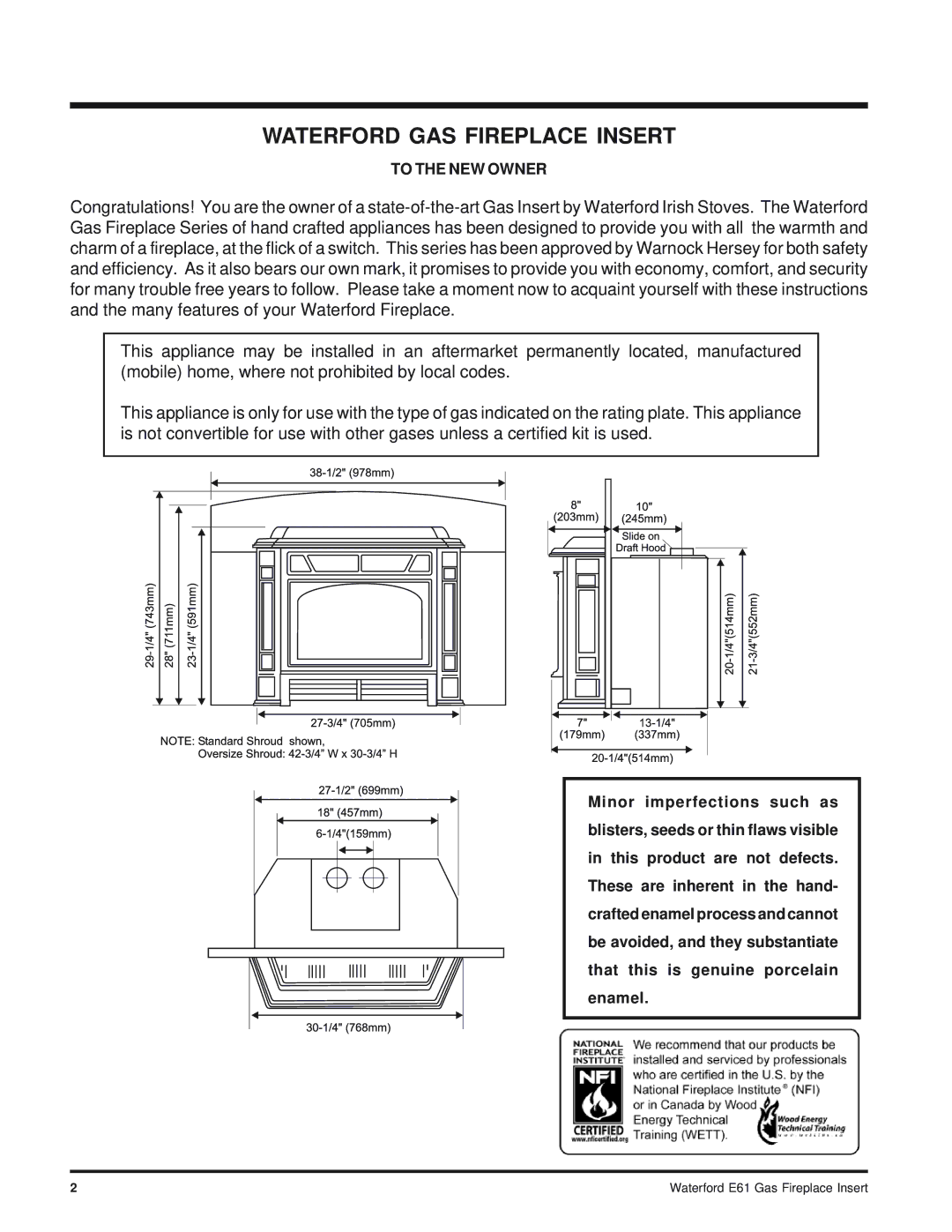 Waterford Appliances E61-NG, E61-LP installation manual Waterford GAS Fireplace Insert, Waterford E61 Gas Fireplace Insert 