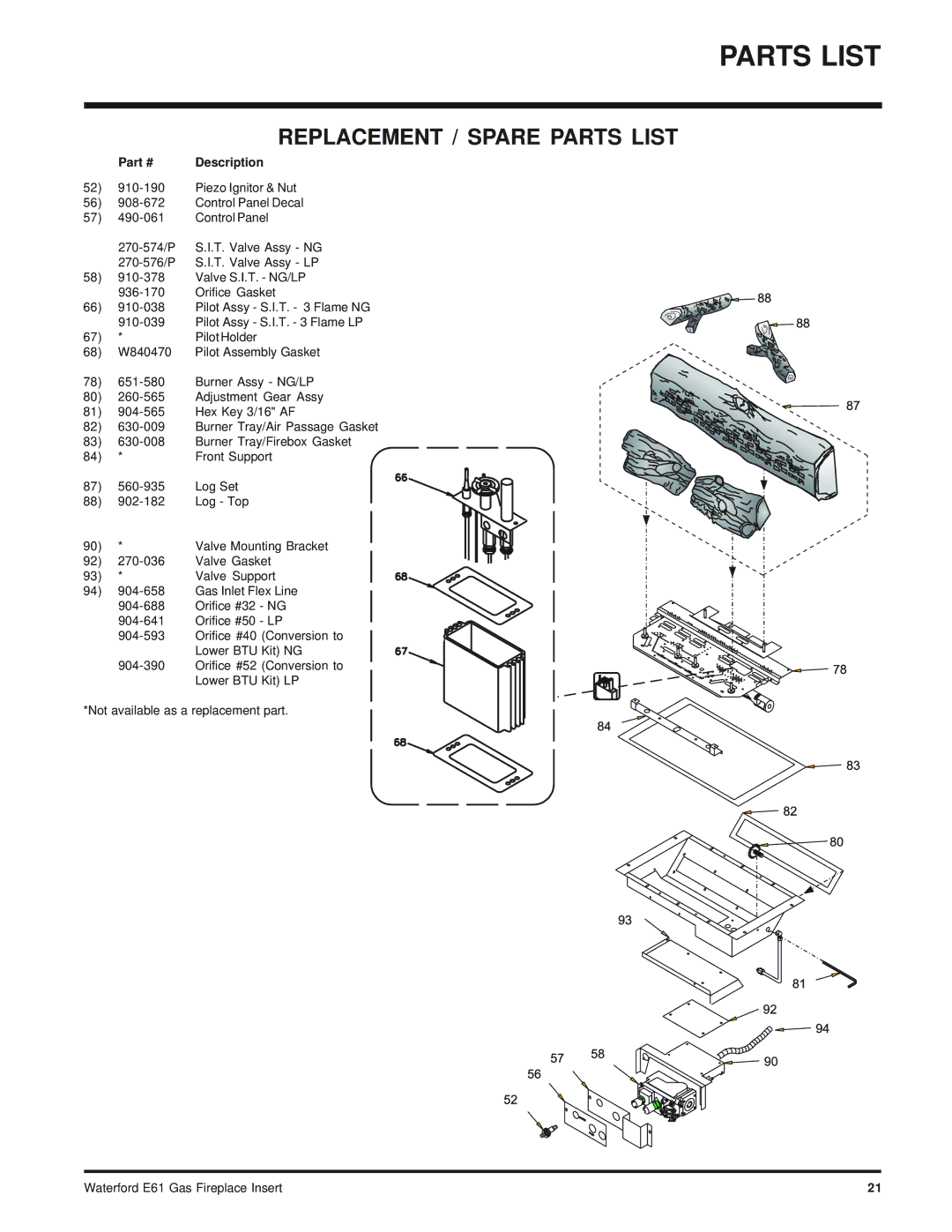 Waterford Appliances E61-LP, E61-NG installation manual Parts List 