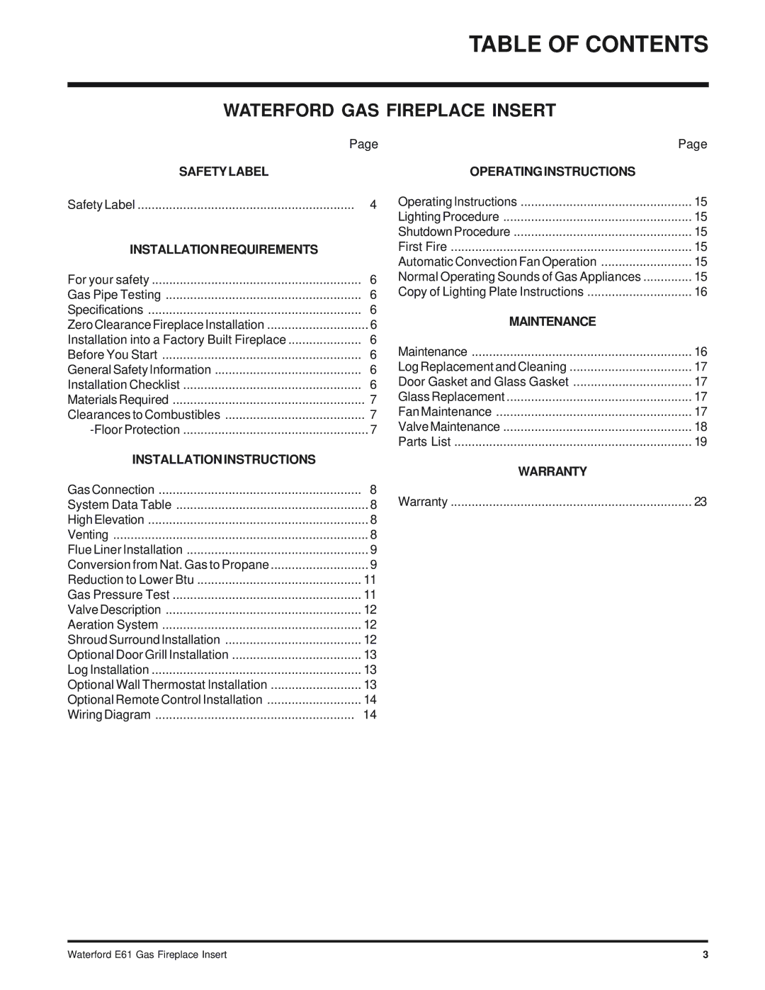 Waterford Appliances E61-LP, E61-NG installation manual Table of Contents 