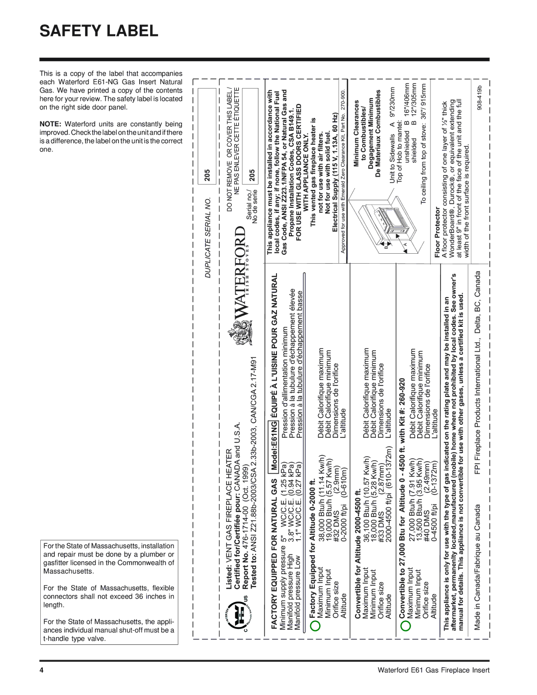 Waterford Appliances E61-NG, E61-LP installation manual Safety Label, Duplicate Serial no 