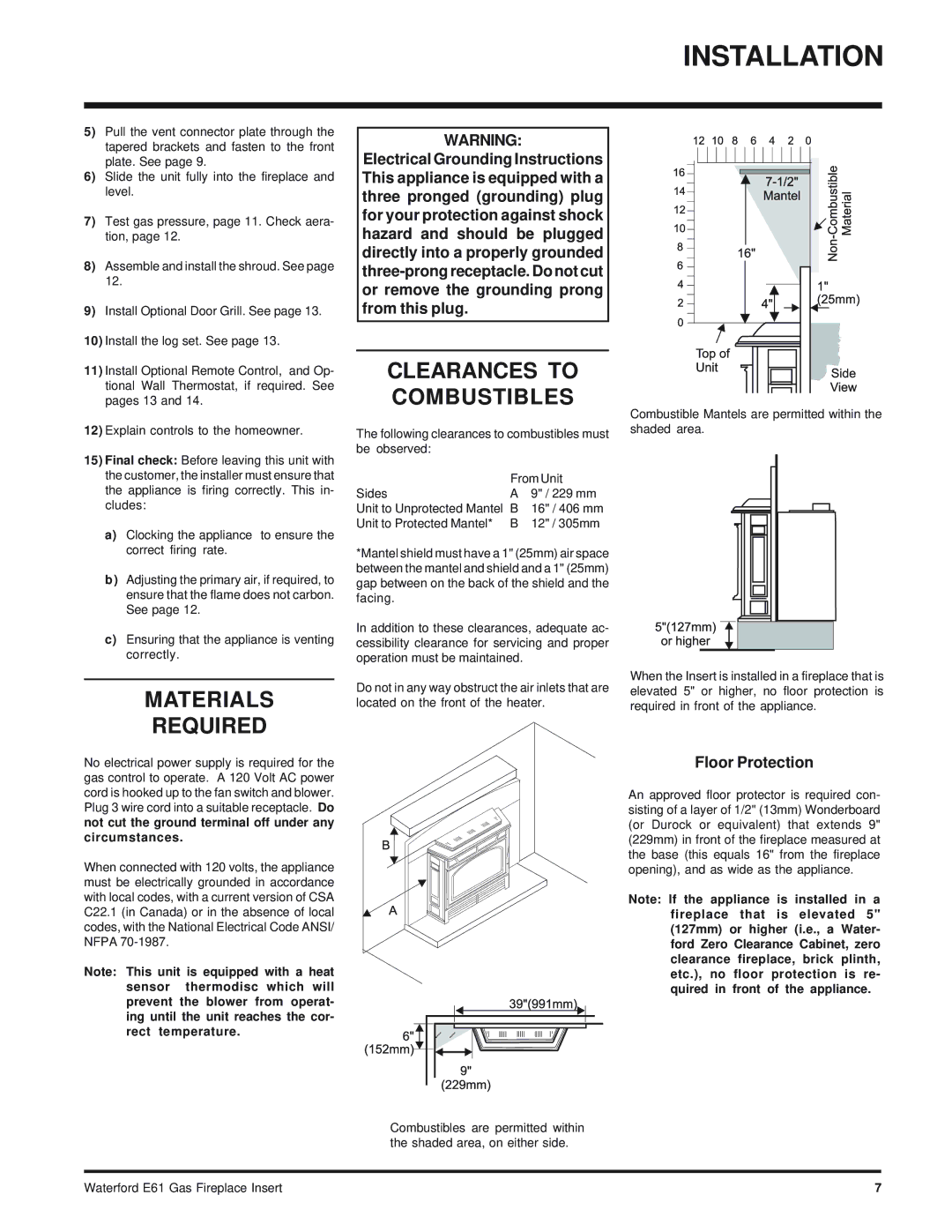 Waterford Appliances E61-LP, E61-NG installation manual Materials Required, Clearances to Combustibles, Floor Protection 